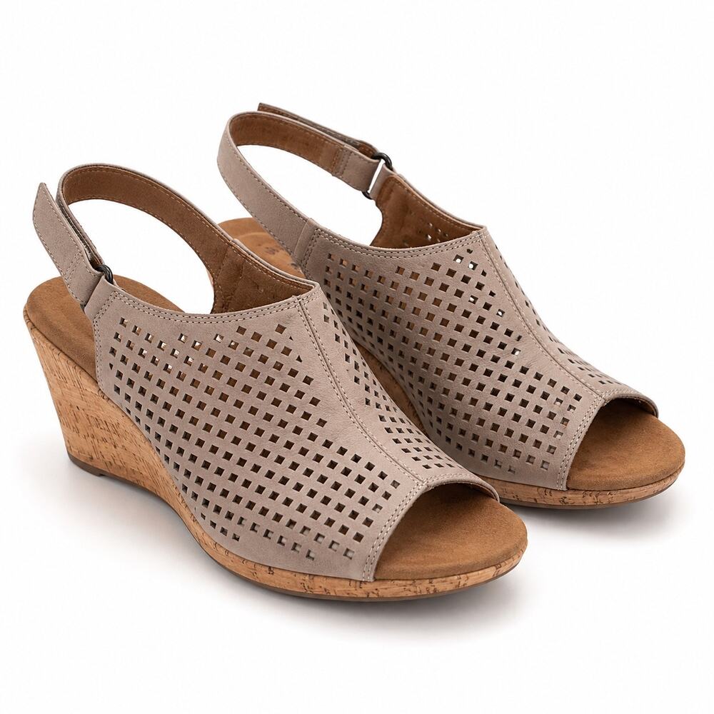 Rockport Briah V83014 Women’s 10 M Taupe Leather Cork Wedge Sandals NWOT
